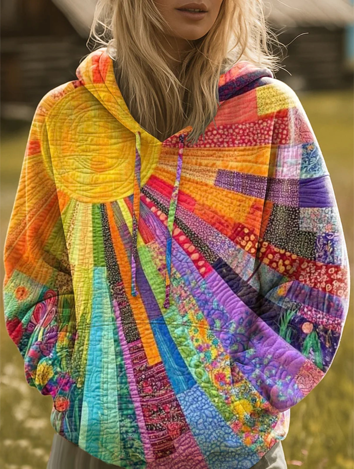 Vibrant Sunburst Patchwork Hoodie