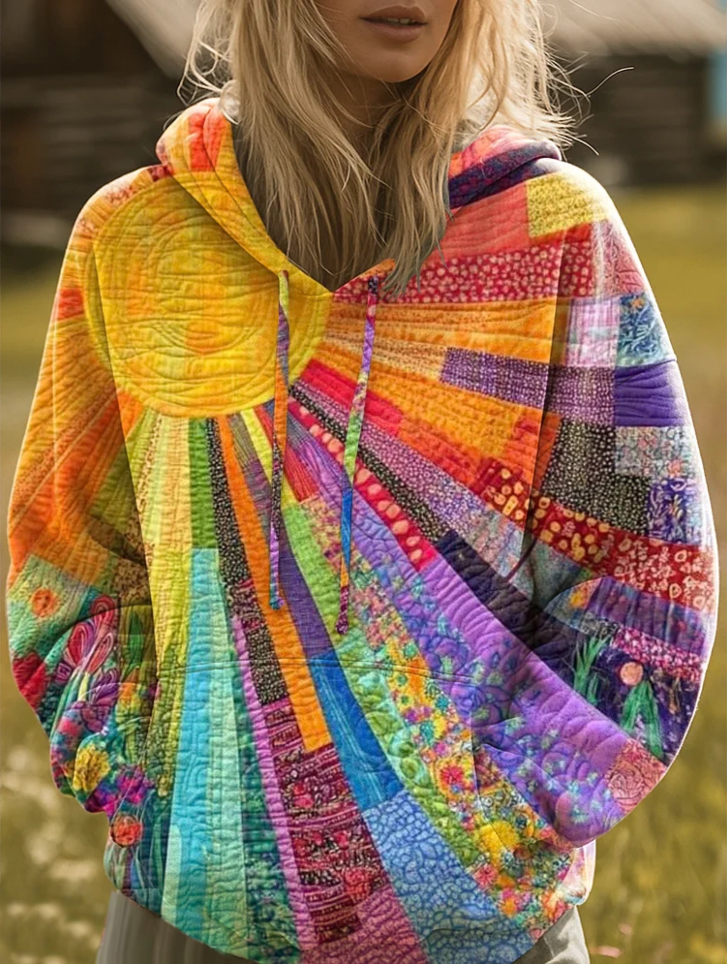 Vibrant Sunburst Patchwork Hoodie