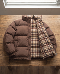 Vintage Double-Sided Puffer Jacket, reversible: solid and plaid sides