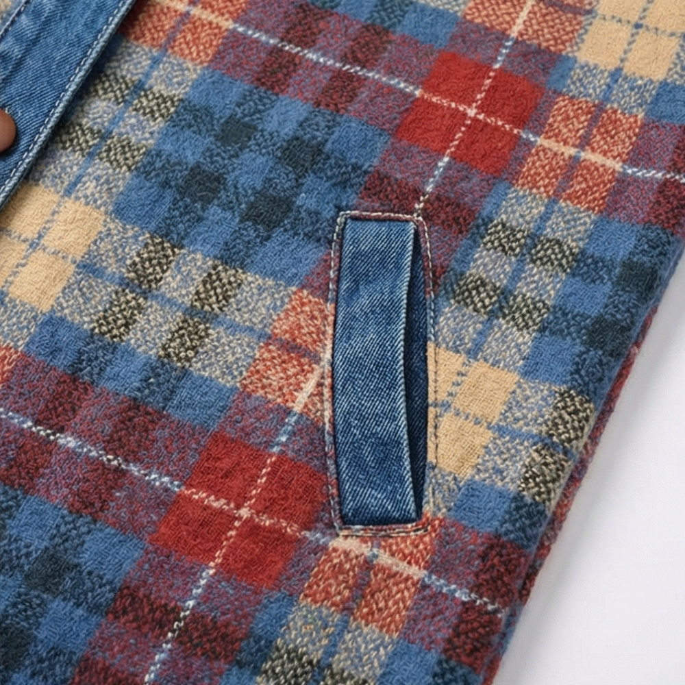 Women’s Contrast Denim Plaid Hooded Jacket - Susan & Anne