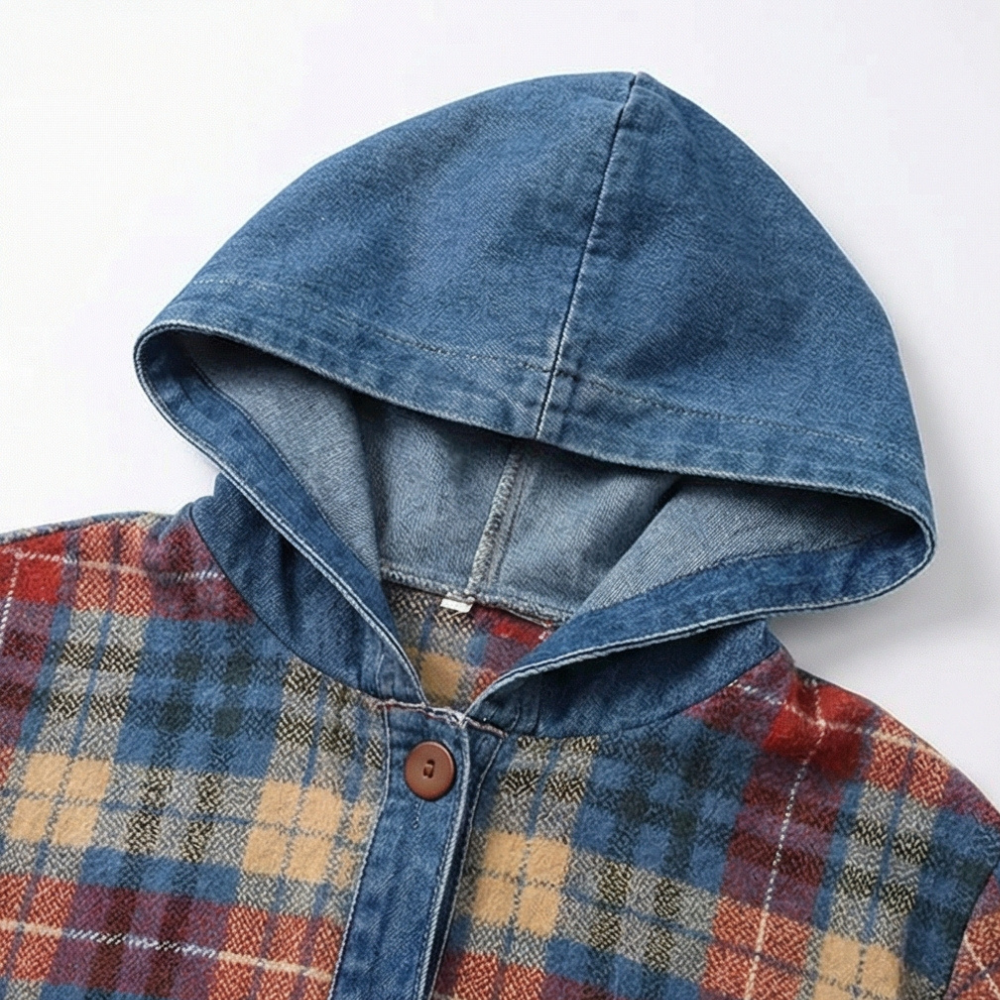 Women’s Contrast Denim Plaid Hooded Jacket - Susan & Anne
