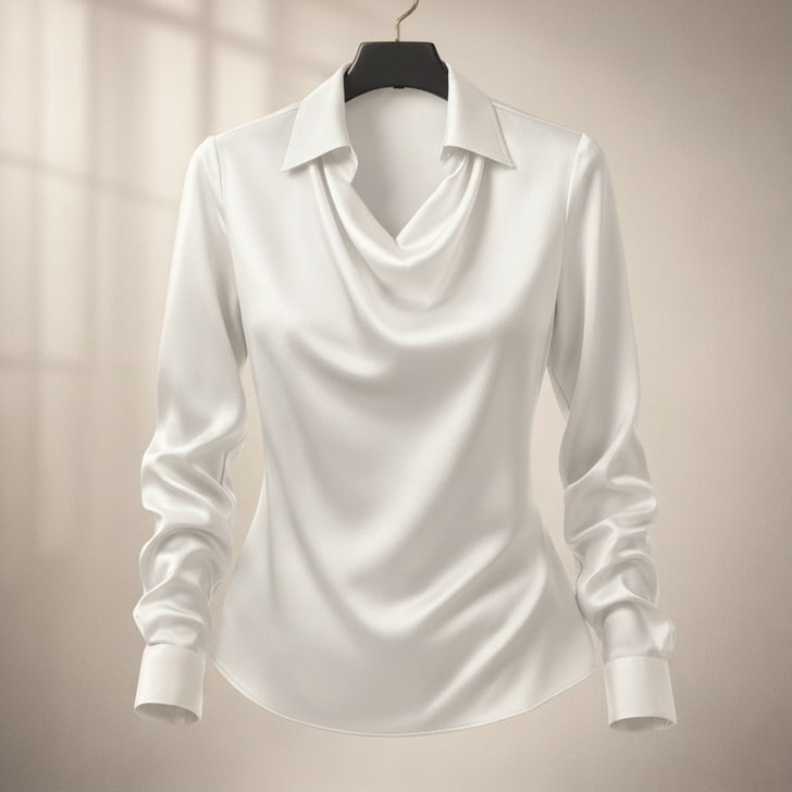 Detail of the isola draped satin blouse