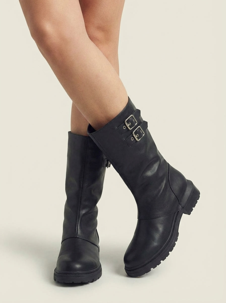 Woman wearing the olaya | mid-calf boots with buckles
