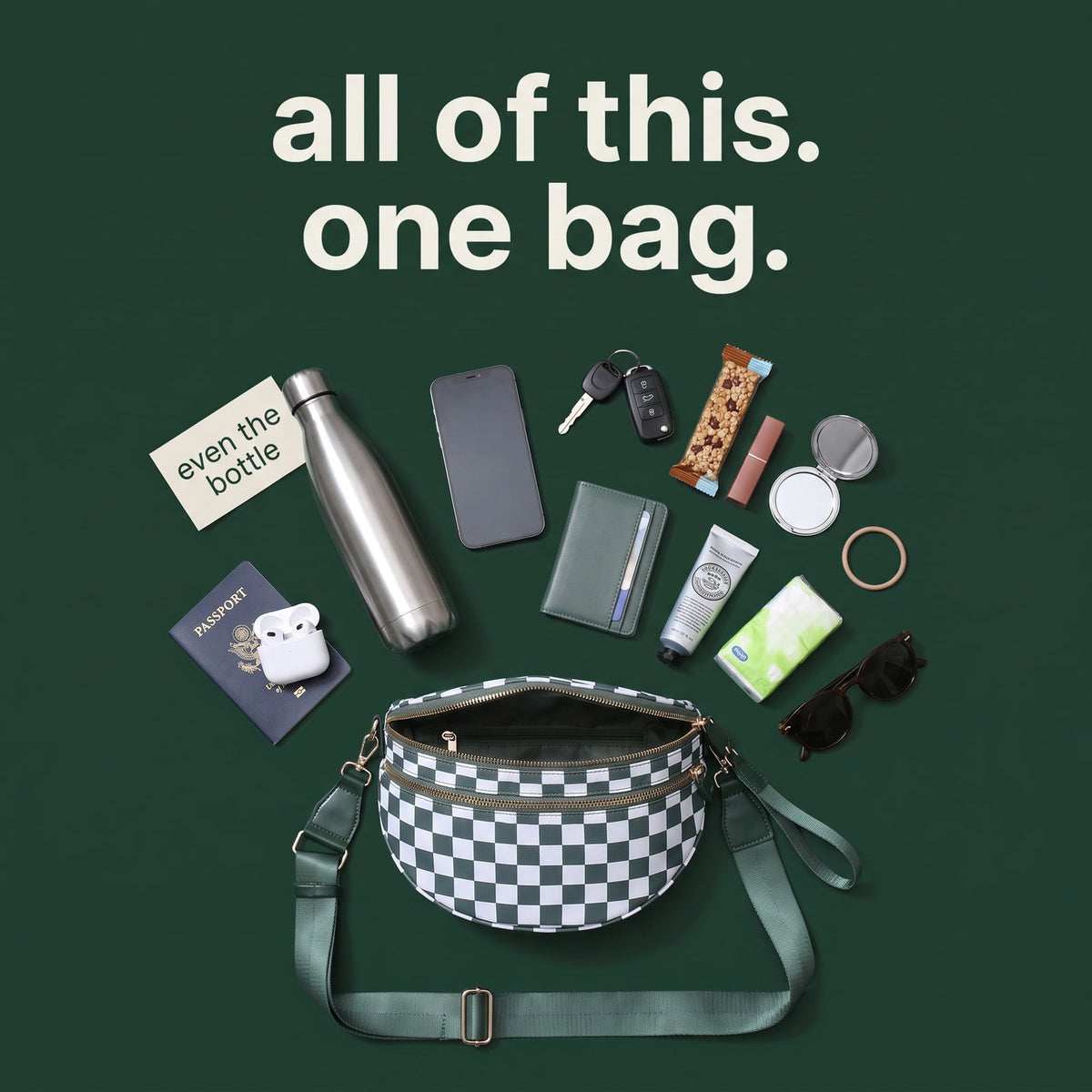 Everything that fits in The Freehand crossbody bag: water bottle, phone, wallet, keys, passport, sunglasses