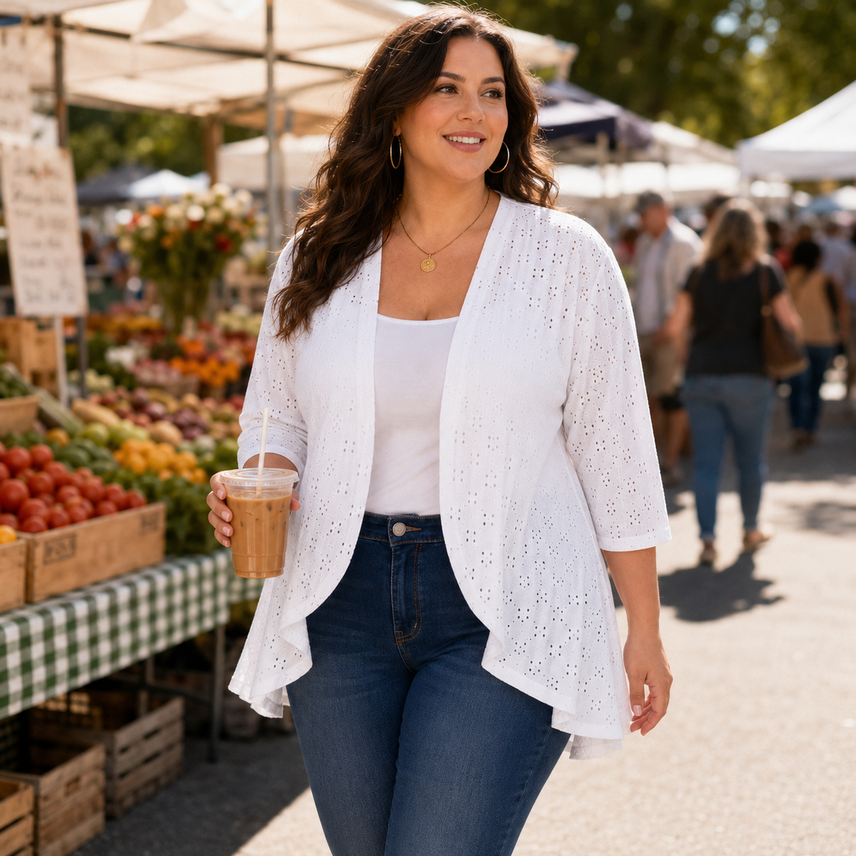 Lightweight Eyelet Open-Front Cardigan for Women, 3/4 Sleeve Ruffle Hem Summer Layer - Susan & Anne