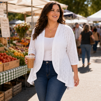 Lightweight Eyelet Open-Front Cardigan for Women, 3/4 Sleeve Ruffle Hem Summer Layer - Susan & Anne