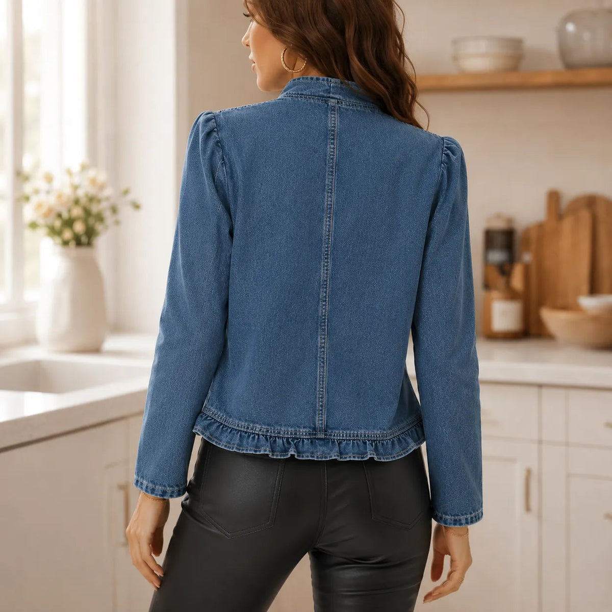 Open Front Ruffle Trim Denim-look Jacket for Women - Susan & Anne
