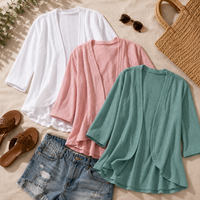 Lightweight Eyelet Open-Front Cardigan for Women, 3/4 Sleeve Ruffle Hem Summer Layer - Susan & Anne