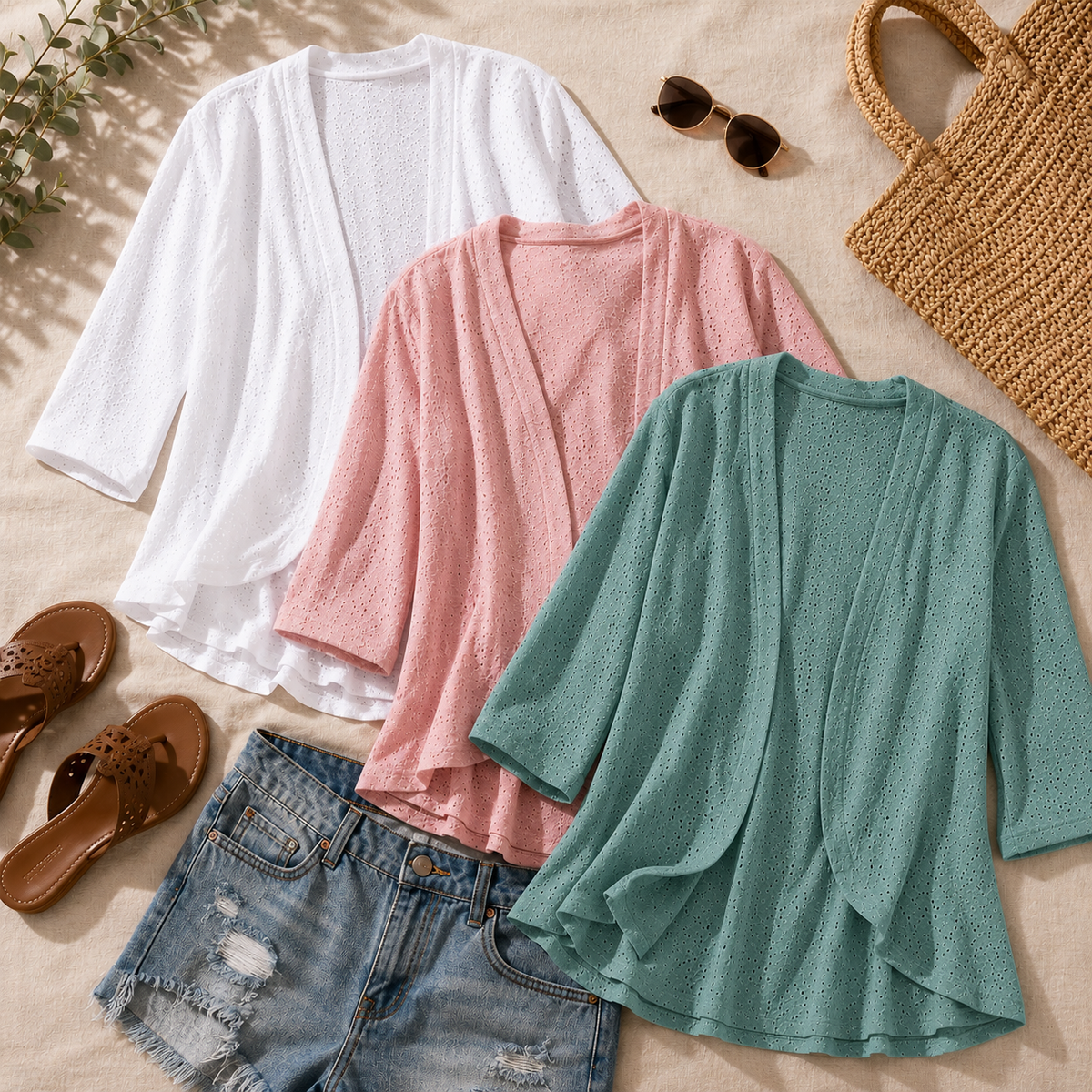 Lightweight Eyelet Open-Front Cardigan for Women, 3/4 Sleeve Ruffle Hem Summer Layer - Susan & Anne