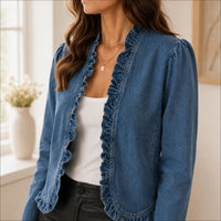Open Front Ruffle Trim Denim-look Jacket for Women - Susan & Anne