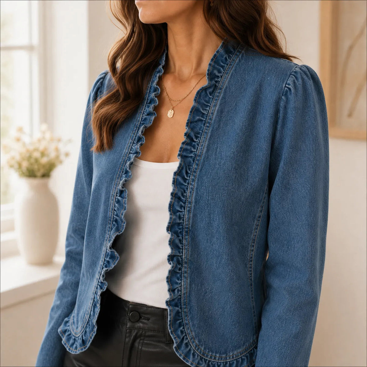 Open Front Ruffle Trim Denim-look Jacket for Women - Susan & Anne