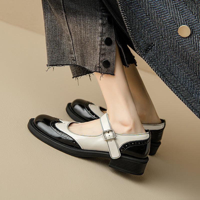 Audrey - Two-Tone Leather Mary Jane Shoes Brogue Low Heel