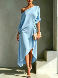 Elegant Draped Maxi Dress for Women with One Shoulder Batwing Sleeve Asymmetrical Hem Autumn Wedding Guest Style - Susan & Anne