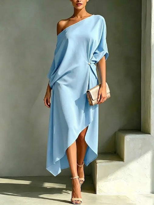 Elegant Draped Maxi Dress for Women with One Shoulder Batwing Sleeve Asymmetrical Hem Autumn Wedding Guest Style - Susan & Anne