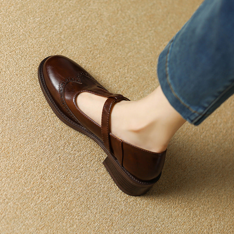 Nadine - Leather T-Strap Mary Jane Shoes Low Block Heel