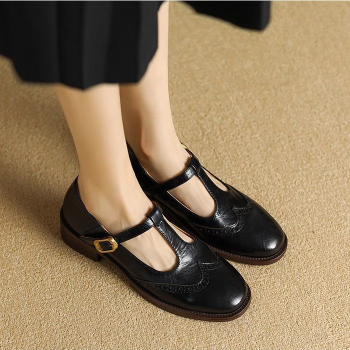 Nadine - Leather T-Strap Mary Jane Shoes Low Block Heel