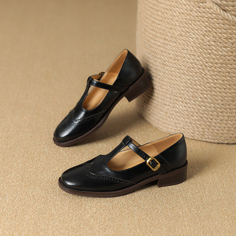 Nadine - Leather T-Strap Mary Jane Shoes Low Block Heel