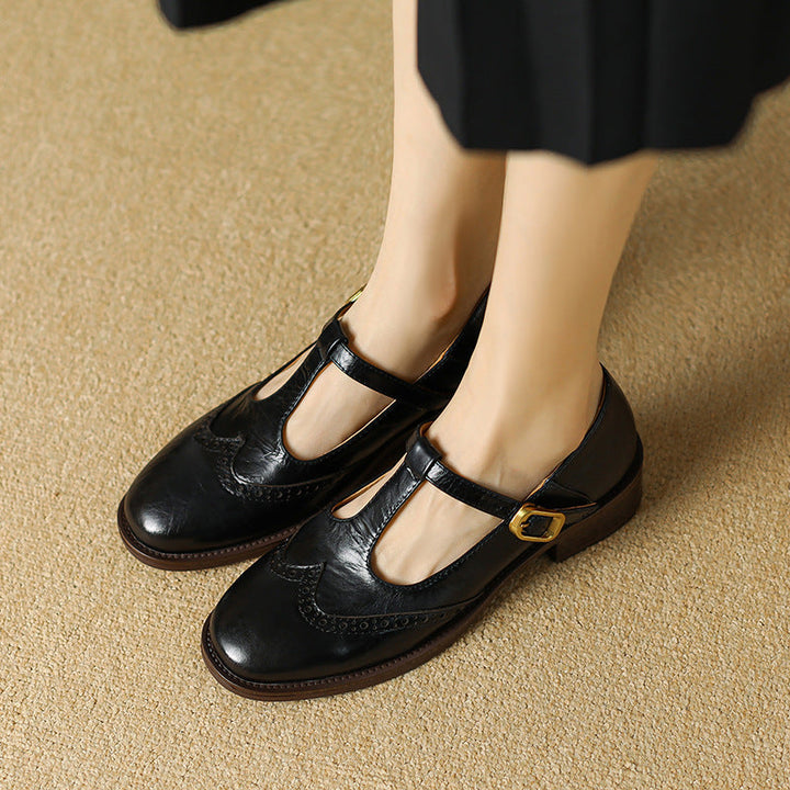Nadine - Leather T-Strap Mary Jane Shoes Low Block Heel