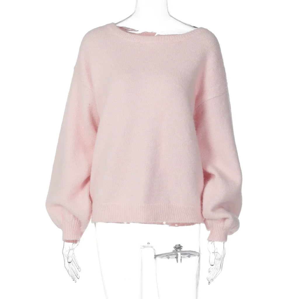 Detail of the selene off-shoulder knit sweater