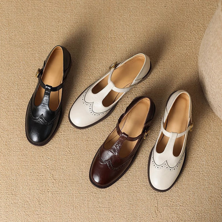 Nadine - Leather T-Strap Mary Jane Shoes Low Block Heel