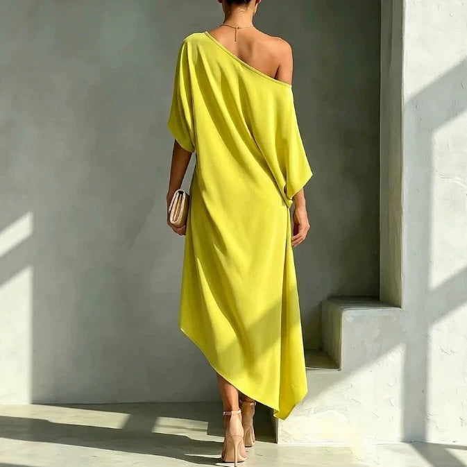 Elegant Draped Maxi Dress for Women with One Shoulder Batwing Sleeve Asymmetrical Hem Autumn Wedding Guest Style - Susan & Anne