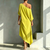 Elegant Draped Maxi Dress for Women with One Shoulder Batwing Sleeve Asymmetrical Hem Autumn Wedding Guest Style - Susan & Anne