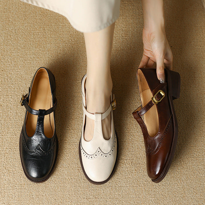 Nadine - Leather T-Strap Mary Jane Shoes Low Block Heel