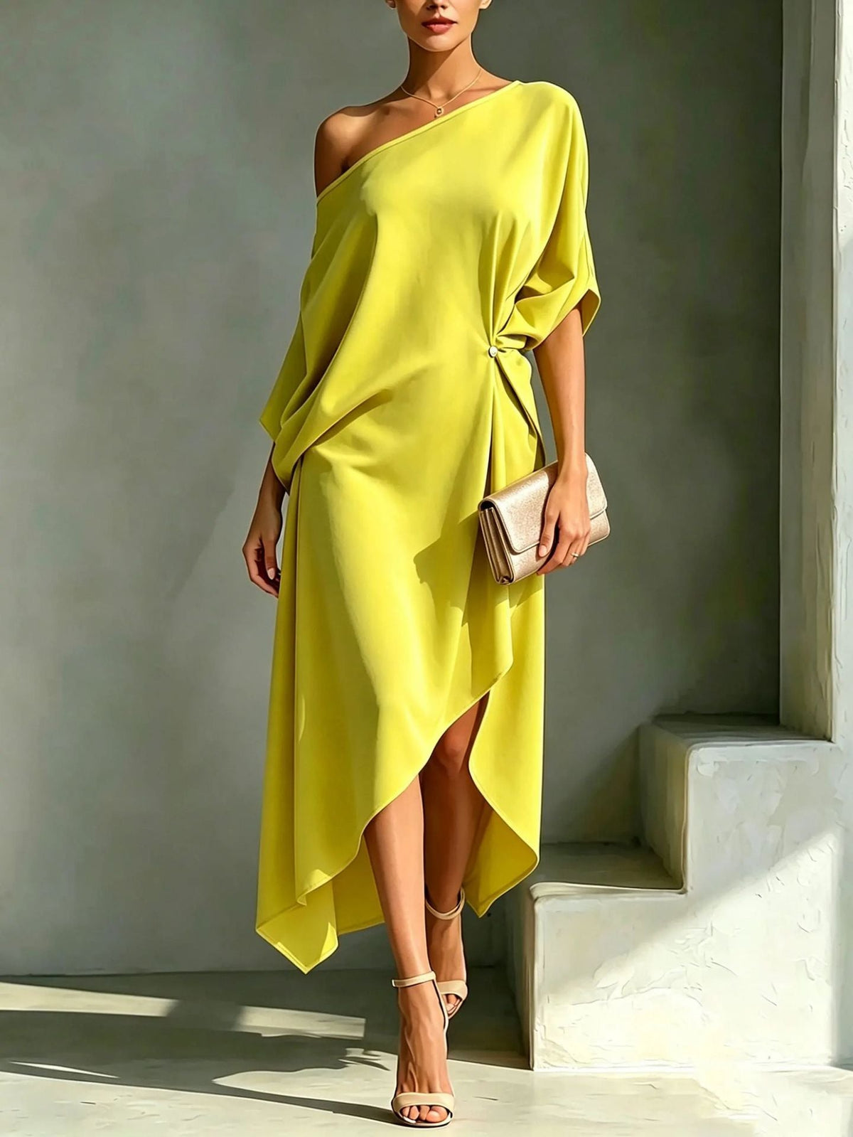Elegant Draped Maxi Dress for Women with One Shoulder Batwing Sleeve Asymmetrical Hem Autumn Wedding Guest Style - Susan & Anne
