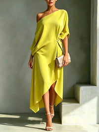 Elegant Draped Maxi Dress for Women with One Shoulder Batwing Sleeve Asymmetrical Hem Autumn Wedding Guest Style - Susan & Anne