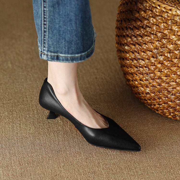 Camille - Pointed Toe Pumps Low Kitten Heel Slip On Shoes