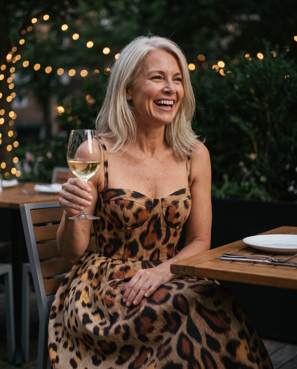 Leopard Midi Dress worn at a restaurant terrace