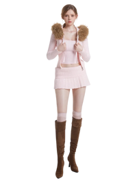 Styled look with the fur trim strawberry milk cable knit cardigan (pink)