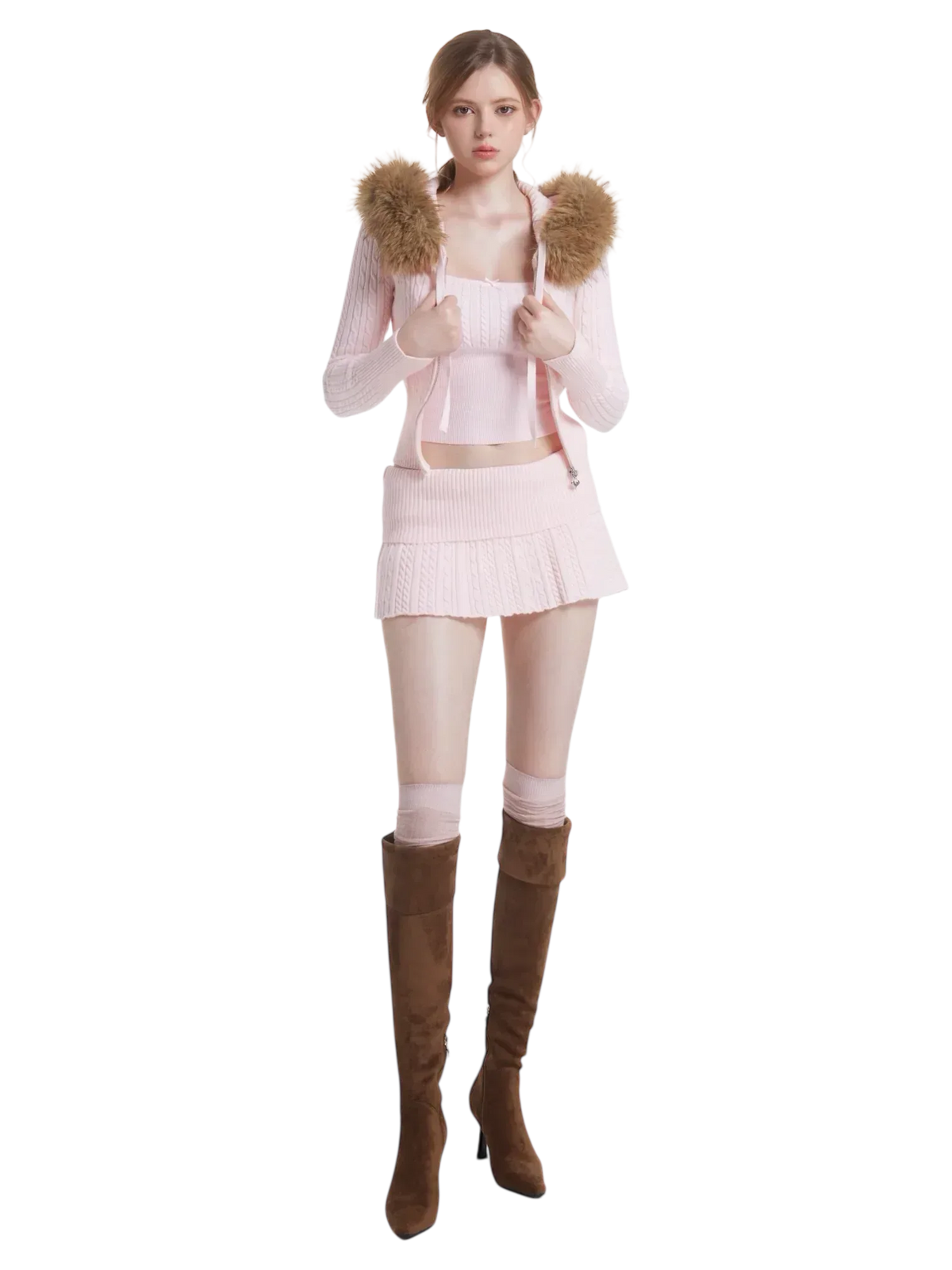Styled look with the fur trim strawberry milk cable knit cardigan (pink)