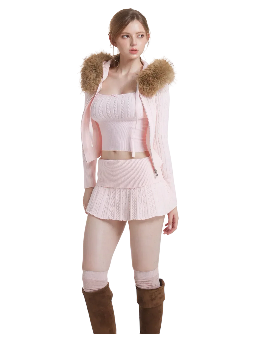 Front view of the fur trim strawberry milk cable knit cardigan (pink)