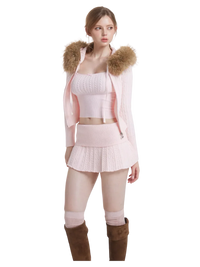 Front view of the fur trim strawberry milk cable knit cardigan (pink)