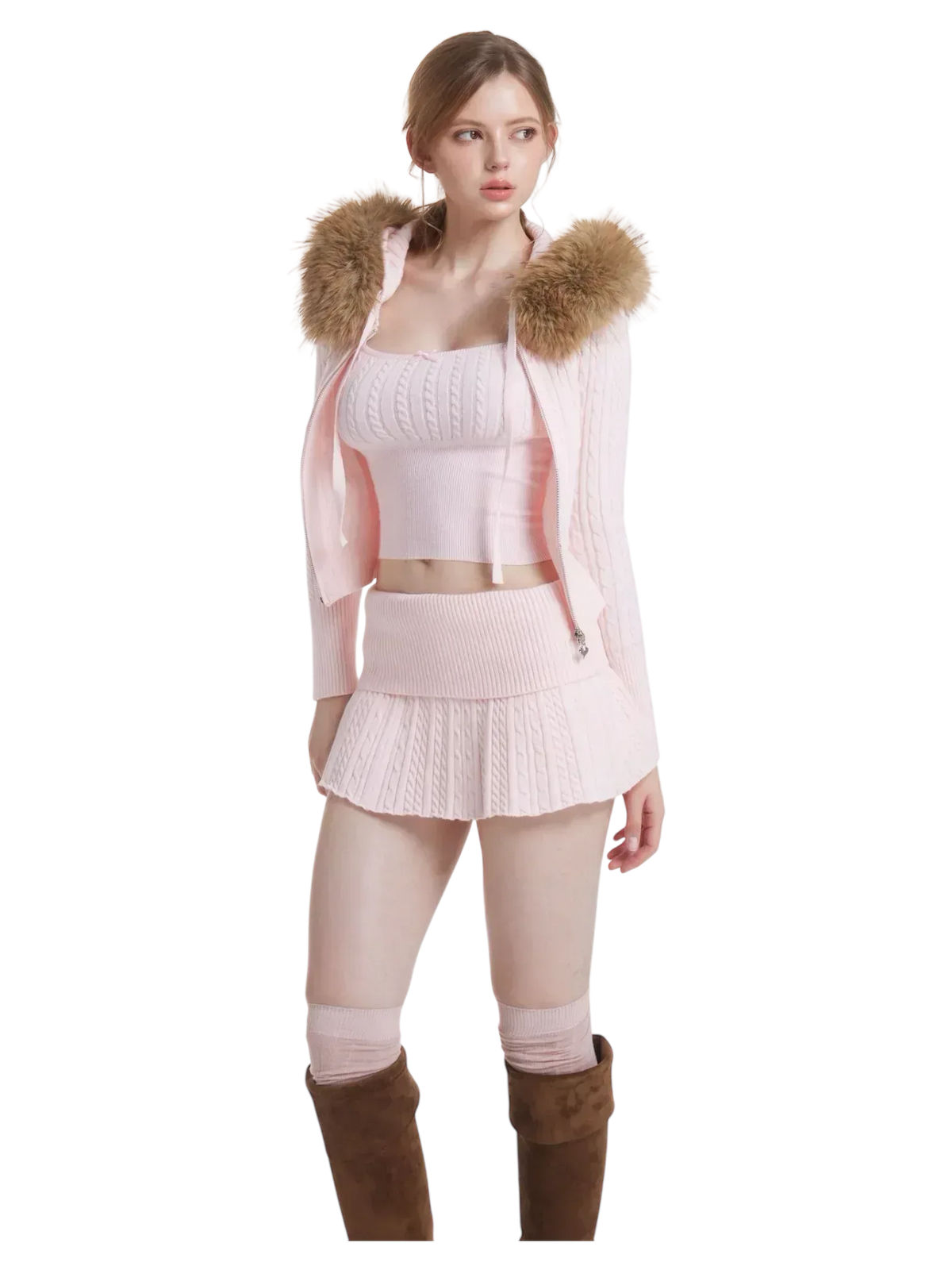 Front view of the fur trim strawberry milk cable knit cardigan (pink)