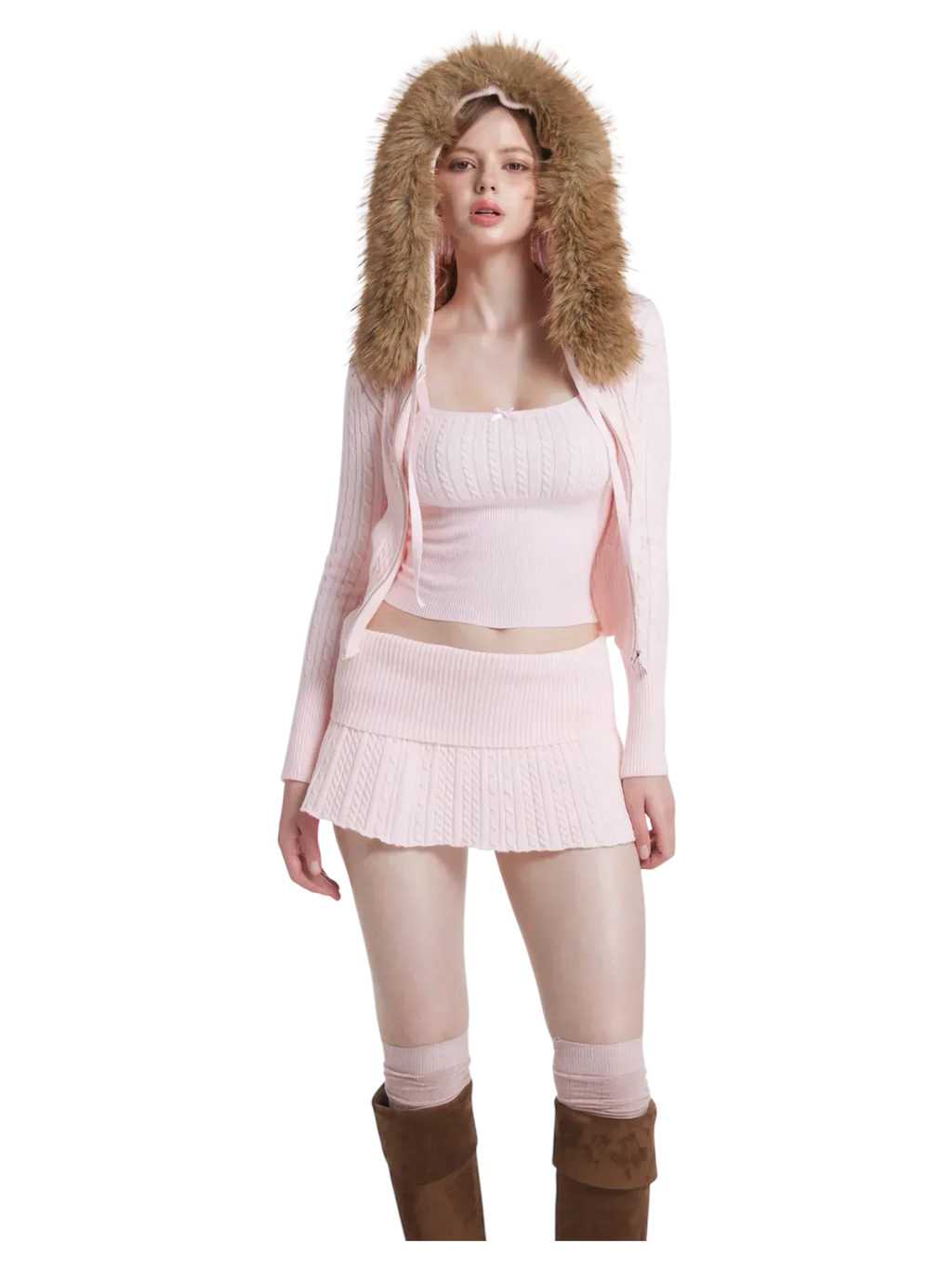 Sleeve and cuff detail on the fur trim strawberry milk cable knit cardigan (pink)