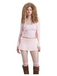 Sleeve and cuff detail on the fur trim strawberry milk cable knit cardigan (pink)