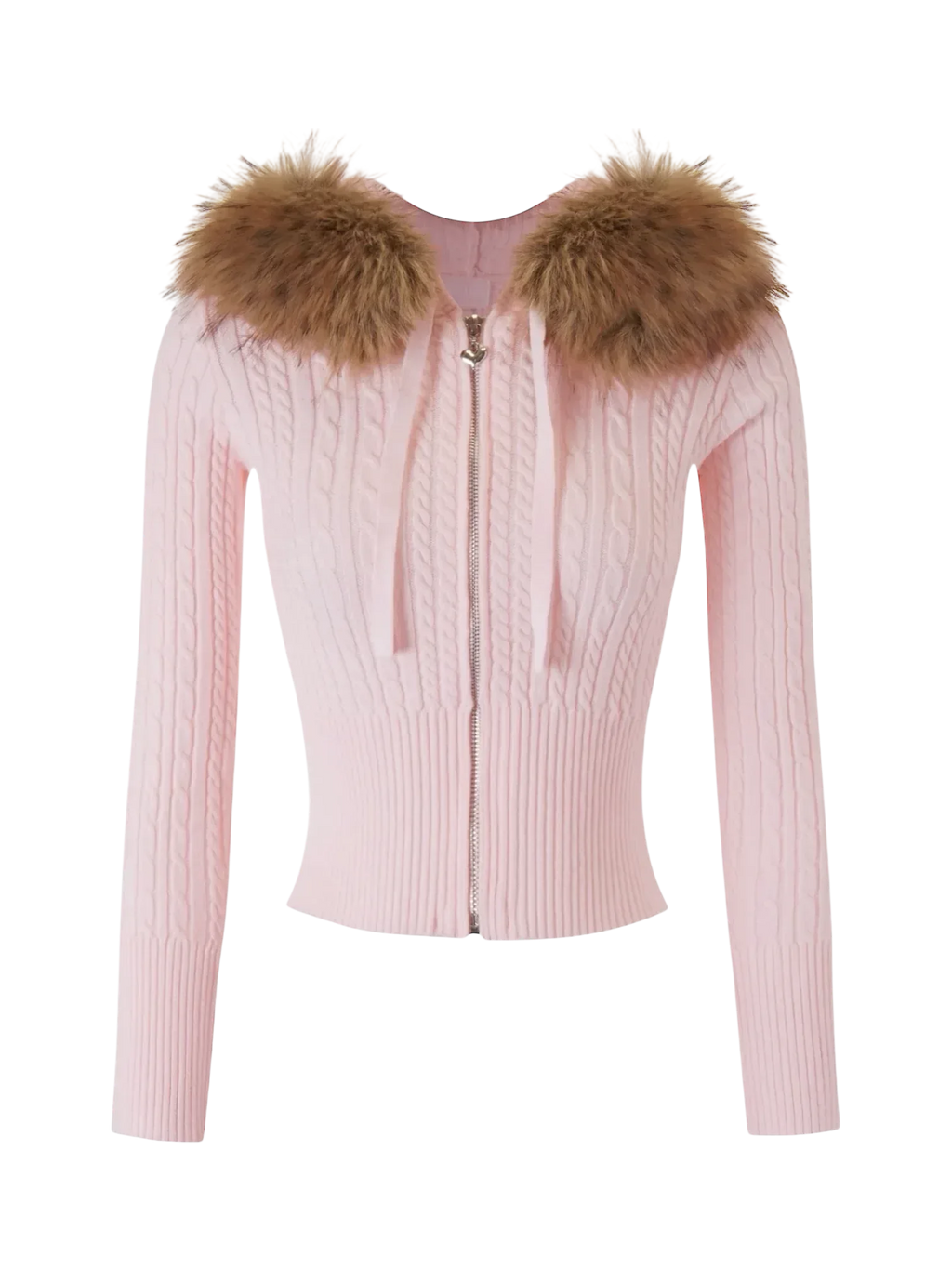 Woman wearing the fur trim strawberry milk cable knit cardigan (pink)