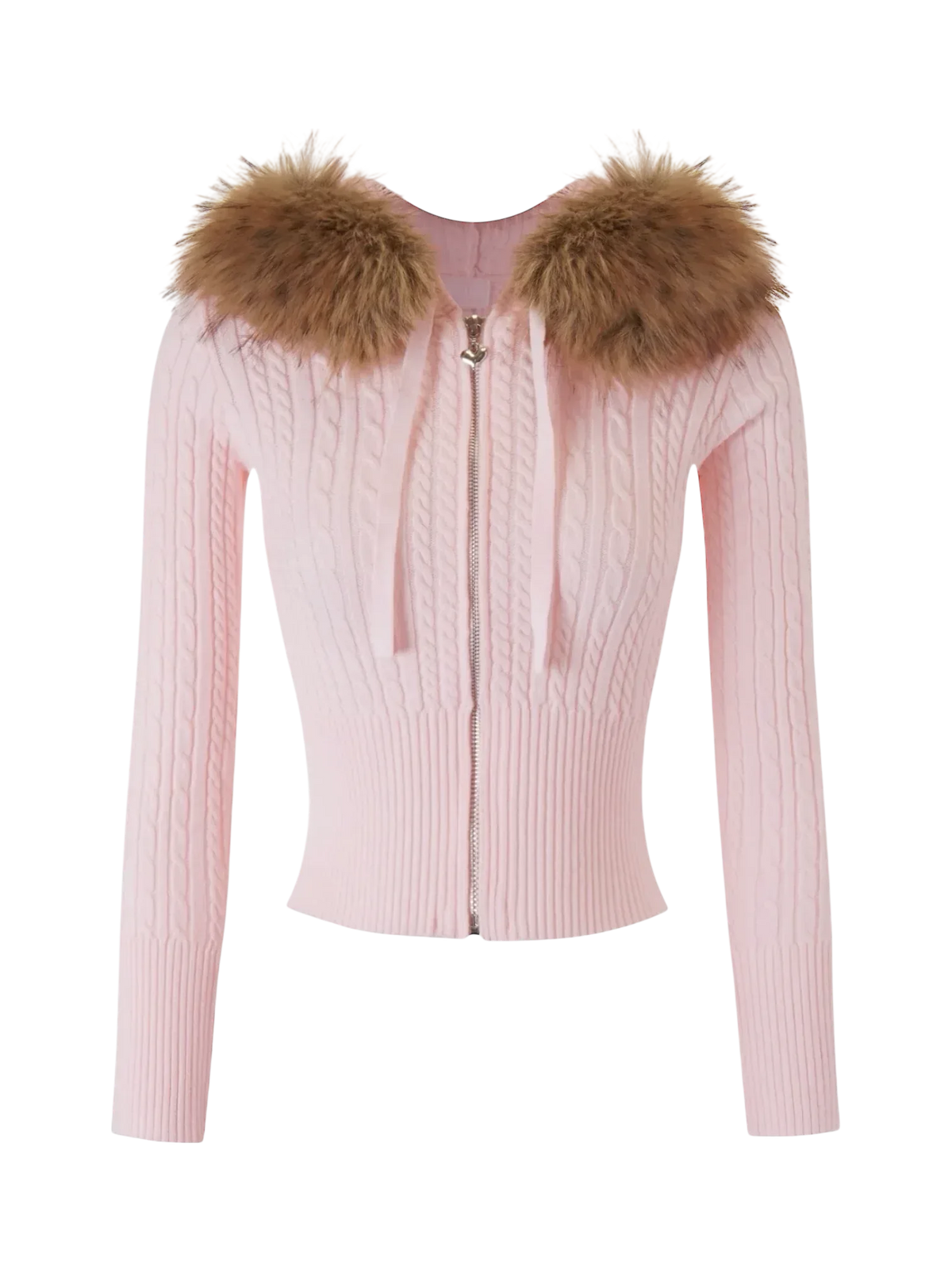 Woman wearing the fur trim strawberry milk cable knit cardigan (pink)