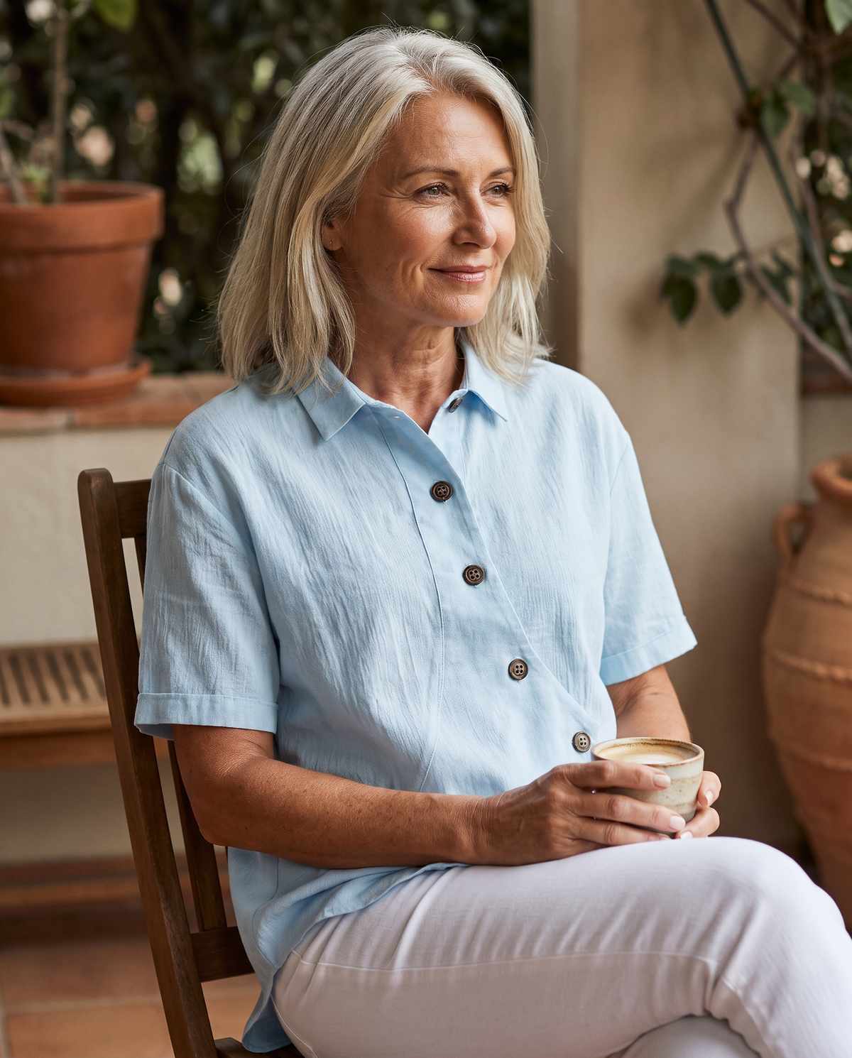 Lightweight Linen Shirt in Blue, seated on a terrace