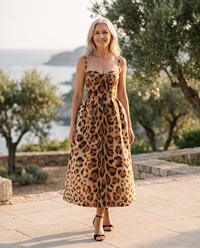 Leopard Midi Dress, structured bustier midi dress, front view