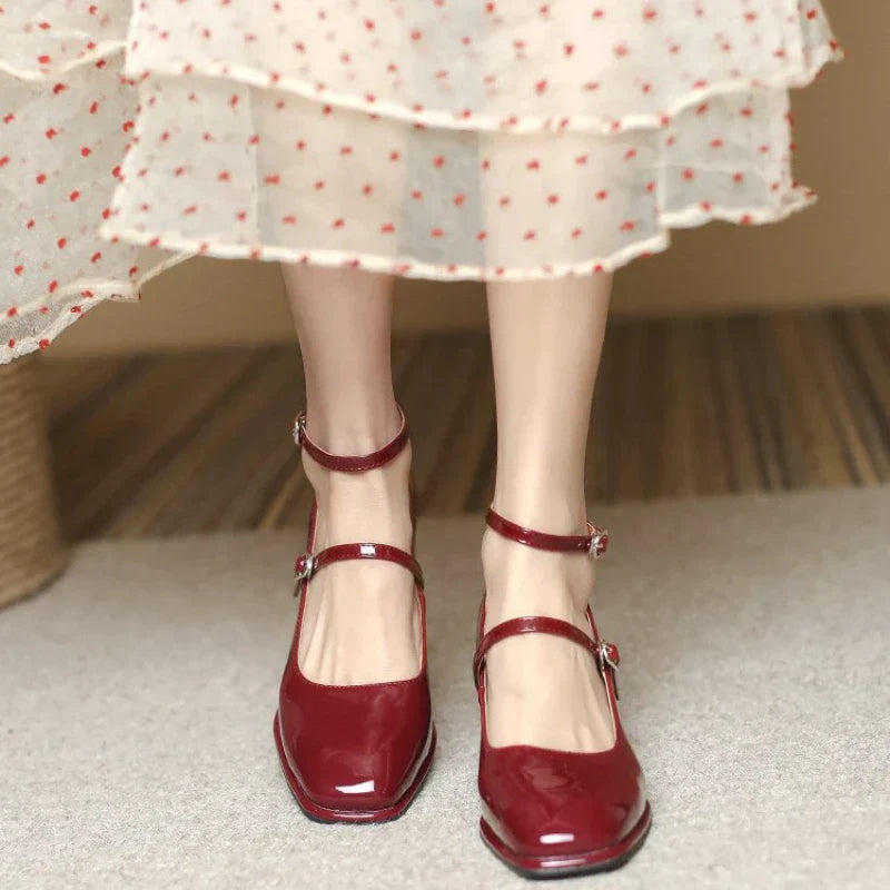 Celeste - Ankle Strap Block Heel Pumps Square Toe Mary Jane