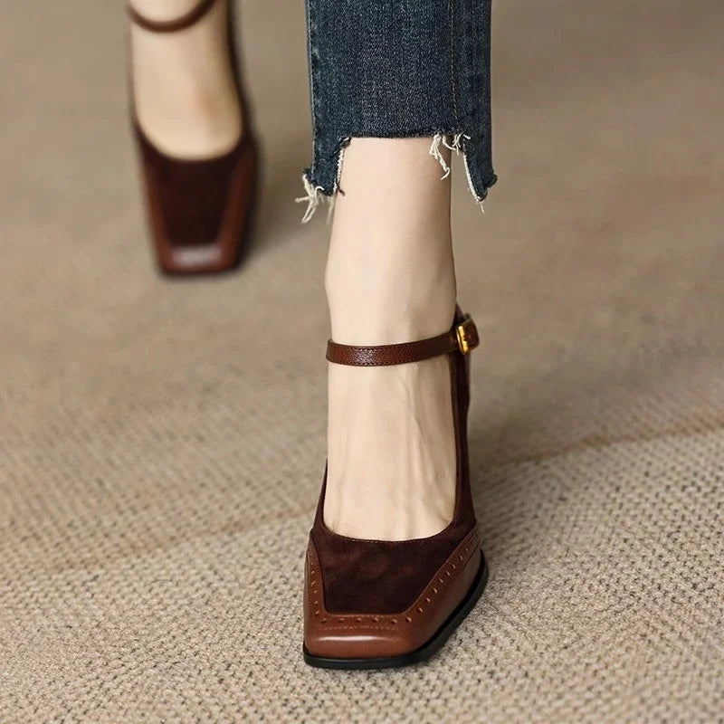 Constance - Square Toe Block Heel Pumps Ankle Strap Brogue