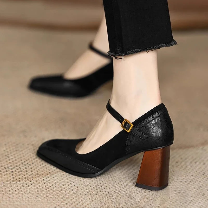 Constance - Square Toe Block Heel Pumps Ankle Strap Brogue