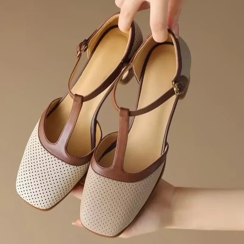 Piper - T-Strap Block Heel Shoes Square Toe Mid Heel Pumps