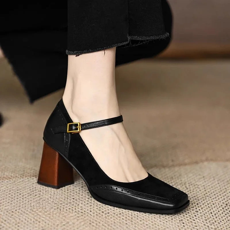 Constance - Square Toe Block Heel Pumps Ankle Strap Brogue