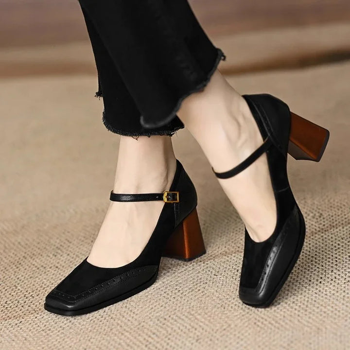 Constance - Square Toe Block Heel Pumps Ankle Strap Brogue