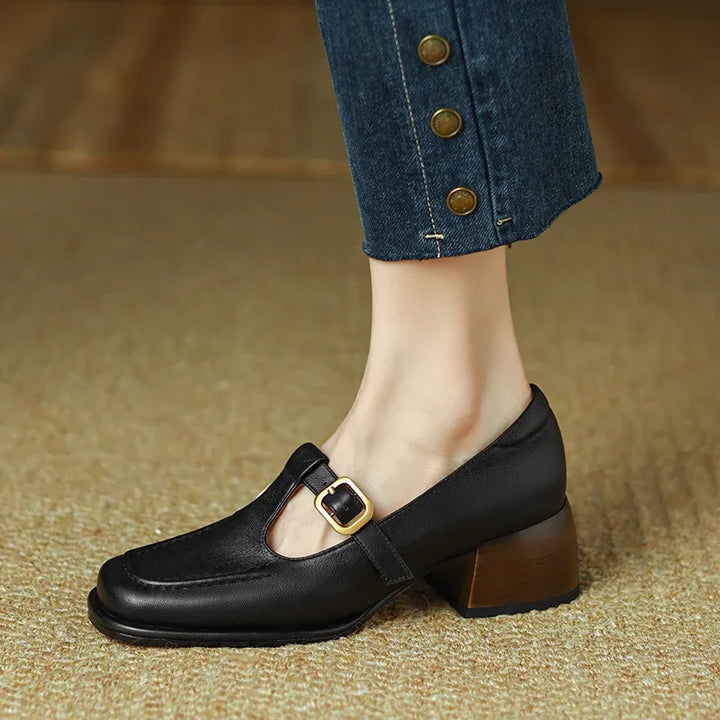 Wren - T-Strap Mary Jane Shoes Square Toe Low Block Heel