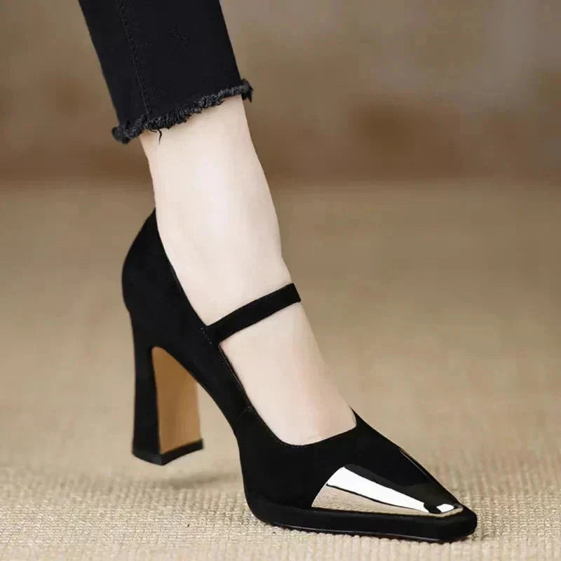 Serena - Mary Jane High Heel Pumps Cap Toe Block Heel Strap